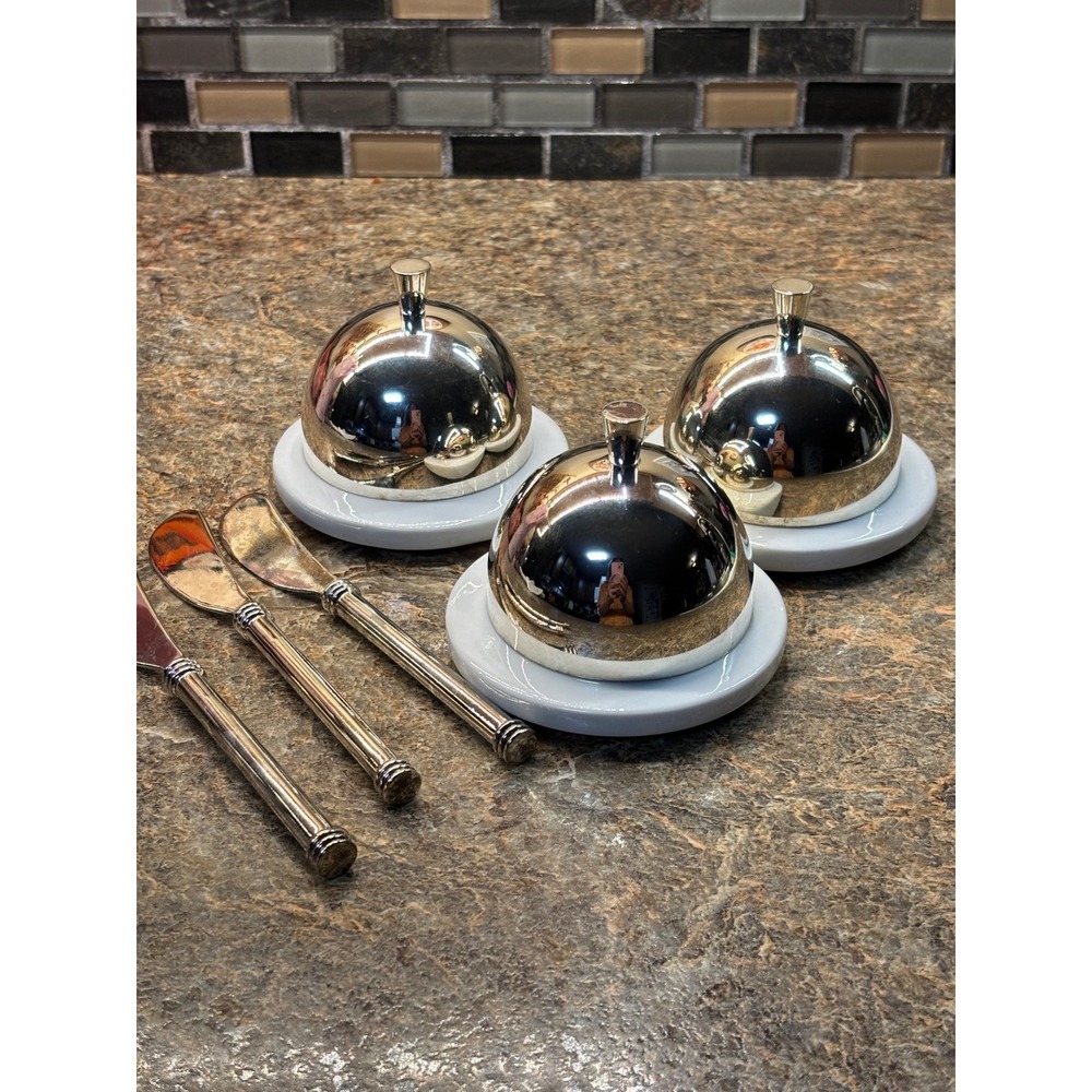 Set of 3 Individual Butter Dishes with Silver Tone Cloche Domes and Spreaders